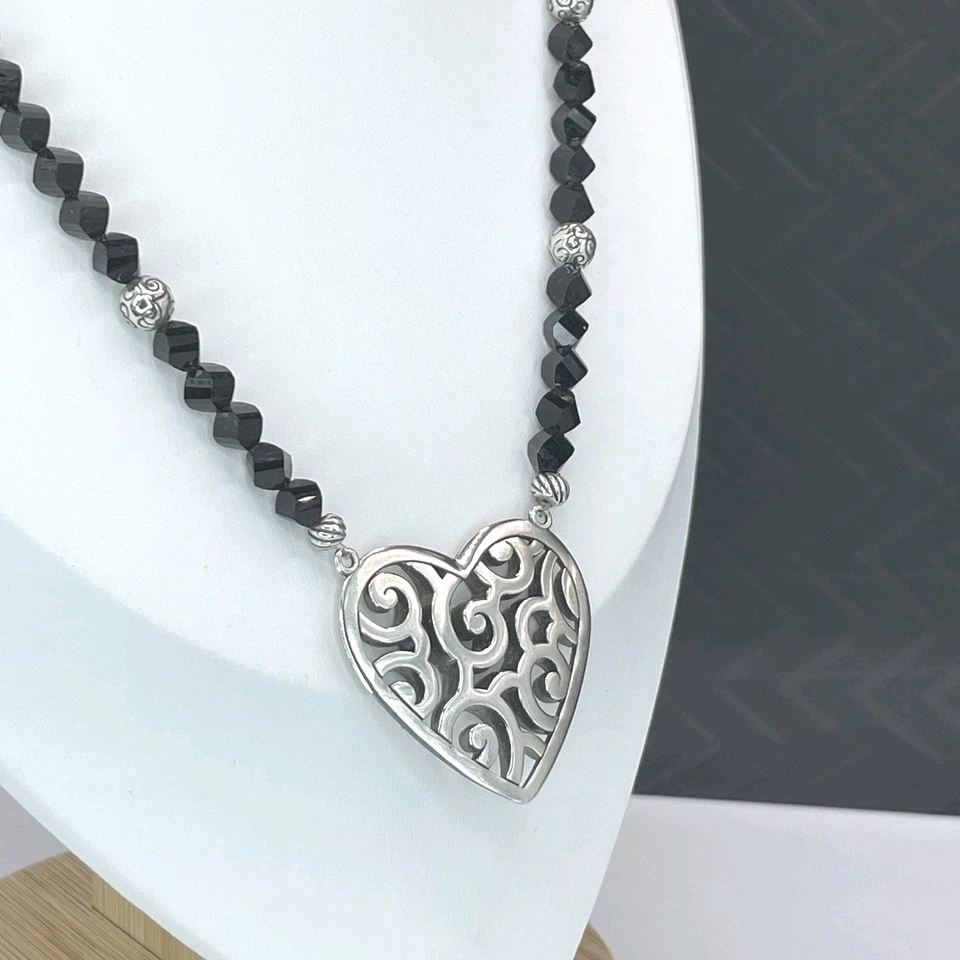 Brighton Silver Scroll Heart Pendant Necklace Faceted Black Beads 20” - Image 2 of 4