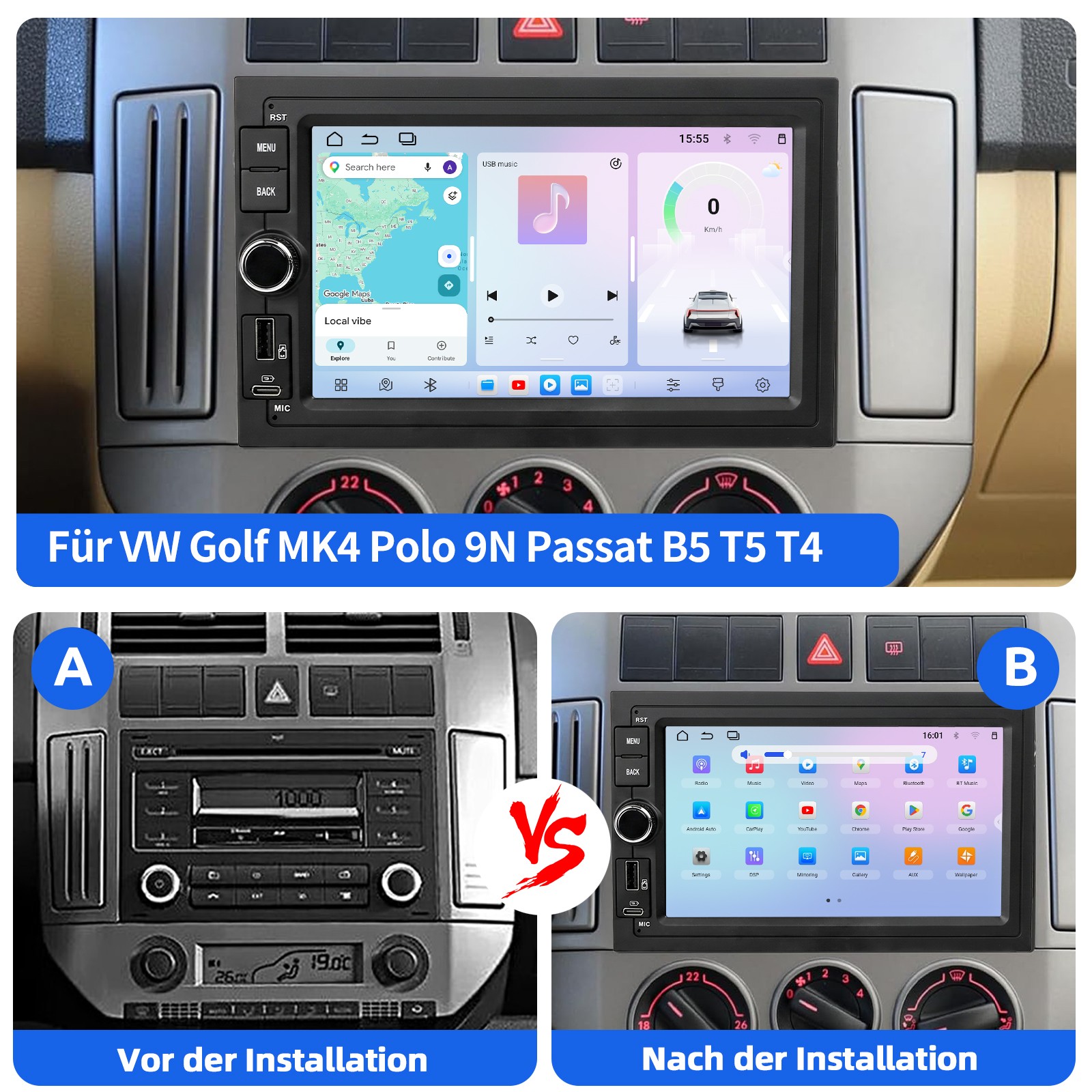 DAB+ 6+128G Android 16 autoradio carplay navigatore per VW Polo 9N Golf 4 Passat B5 T5 foto 4