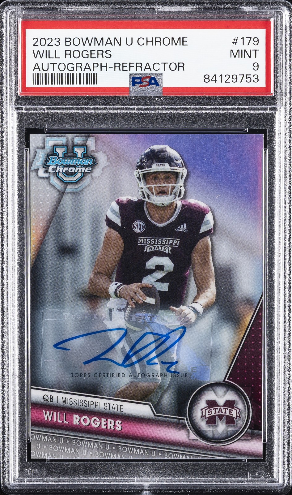 2023 BOWMAN UNIVERSITY CHROME AUTO-REFRACTOR #179 WILL ROGERS 30/499 PSA 9