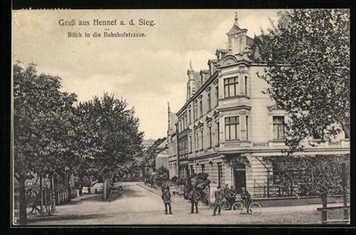 Postcard Hennef a. d. Sieg, Bahnhofstrasse with Station Hotel in the Eckhaus 