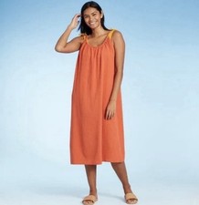 Kona Sol Orange Tangerine Oversized Cotton Gauze Cover-Up Midi Dress size S/M