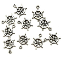 SILVER METAL NAUTICAL SHIP WHEEL CHARMS FOR JEWELRY MAKING 10 PCS