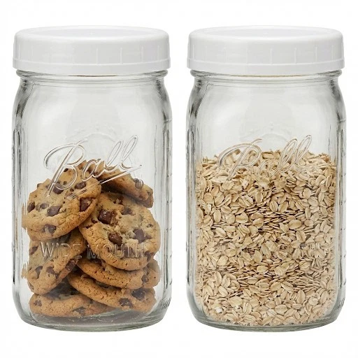 Ball Wide Mouth Mason Jars 32 oz Quart 2-Pack with White Plastic Storage Lids