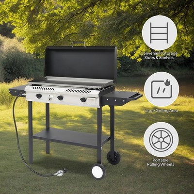 Camping 3-Burner Electric Ignition Stove Propane w/ Shelf,Side Table,Grill