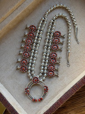 Squash Blossom Necklace Sterling Silver   Red Stone   Signed LFK
