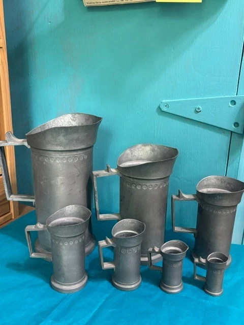 7 VTG EUROPEAN TANKARD PEWTER GRADUATED PITCHERS MEASURING CUPS MARKED ON BOTTOM