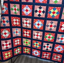 Beautiful Vintage Hand Stitched Patchwork Quilt Granny Square Red Blue Farmhouse