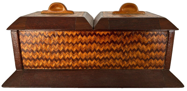Antique Wood Box Folk Tramp Art Inlaid Hand Made Vanity Jewelry Trinket Jewelry