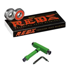 Bones Reds Skateboard Bearings 8mm Size 608 8 Pack  Spacers AND GREEN T-TOOL
