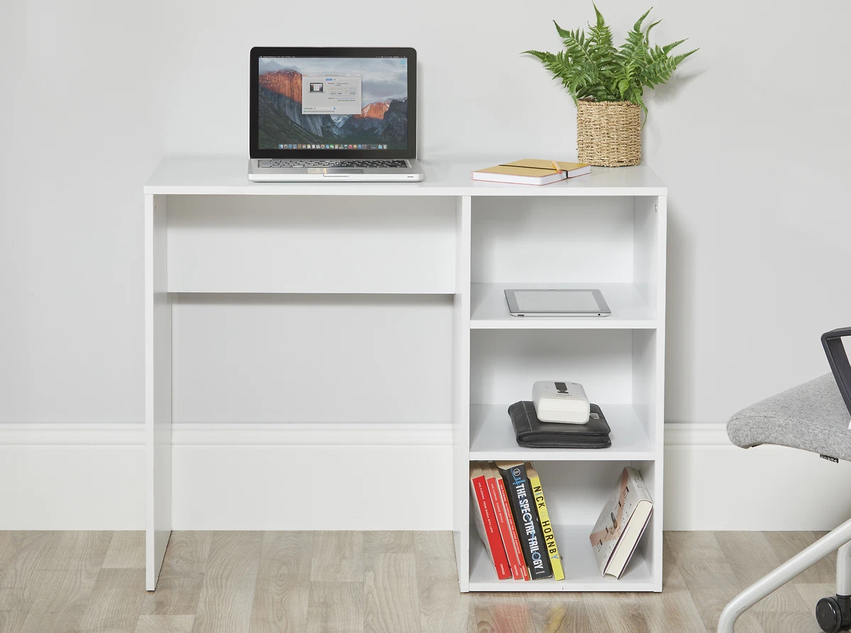 White Home Office Computer Desk PC Laptop Storage Shelves