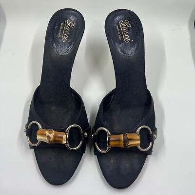 Gucci Black Leather Slide Sandal Size 7B Wood Heels Bamboo Horsebit Repaired
