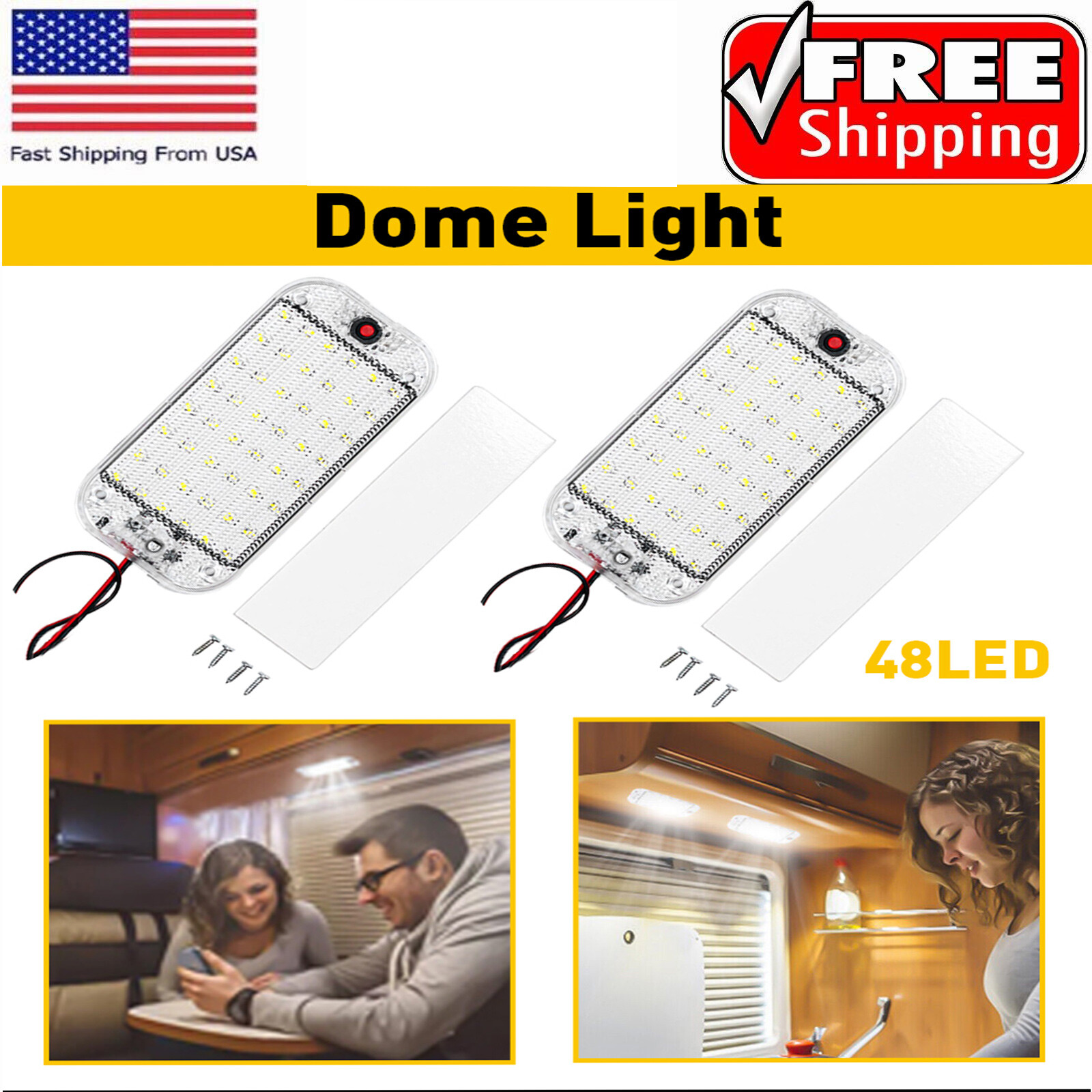 2X LED Car Interior Roof Light Dome Ceiling Lamp For RV Camper Trailer Truck