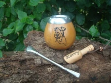  Mate Gourd, Dog Airedale Terrier, Hand Made- Straw + Spoon BONUS- Yerba Mate