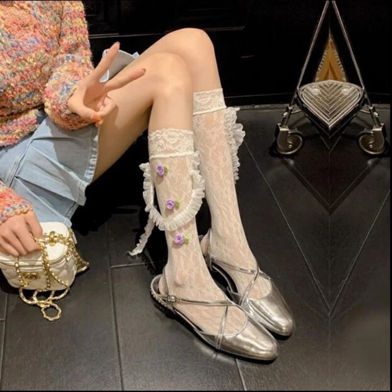 Calcetines de cinta de encaje japoneses para mujer Lindos Kawaii Lolita Accesorios Medias Foto 3 de 4