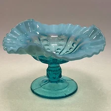 Dugan Glass Blue Opalescent Coin Spot Footed Compote - Vintage 