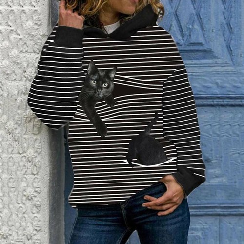 Pullover Pulli Katzenmotiv Kapuze Damen Sweatshirt Damen gestreift Hoodies Tops - Bild 7 von 17
