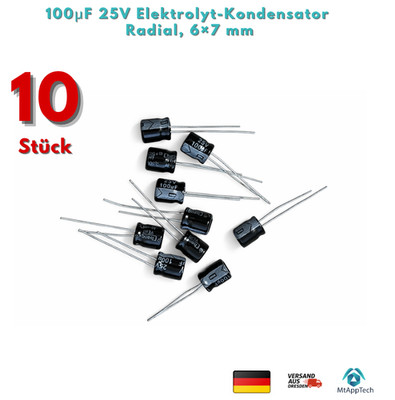 10 Stück Elko 100µF / 25V 105°C 6x7mm 100uF - Elektrolytischer Kondensator