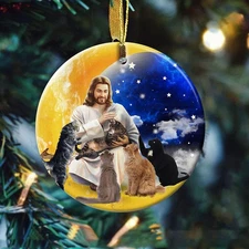 Pet Painting, Jesus and Cats, The beautiful Night Jesus, Pet Circle  Ornament