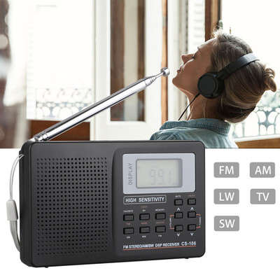 Portable Radio AM/FM/SW/MW/LW Receiver Digital Display Clock Speaker Earphone