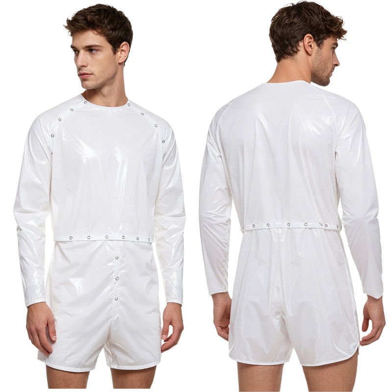 US #XL Men Jumpsuit Buttoned Front Waterproof Nightwear Bodysuit Adult Wet‑Look