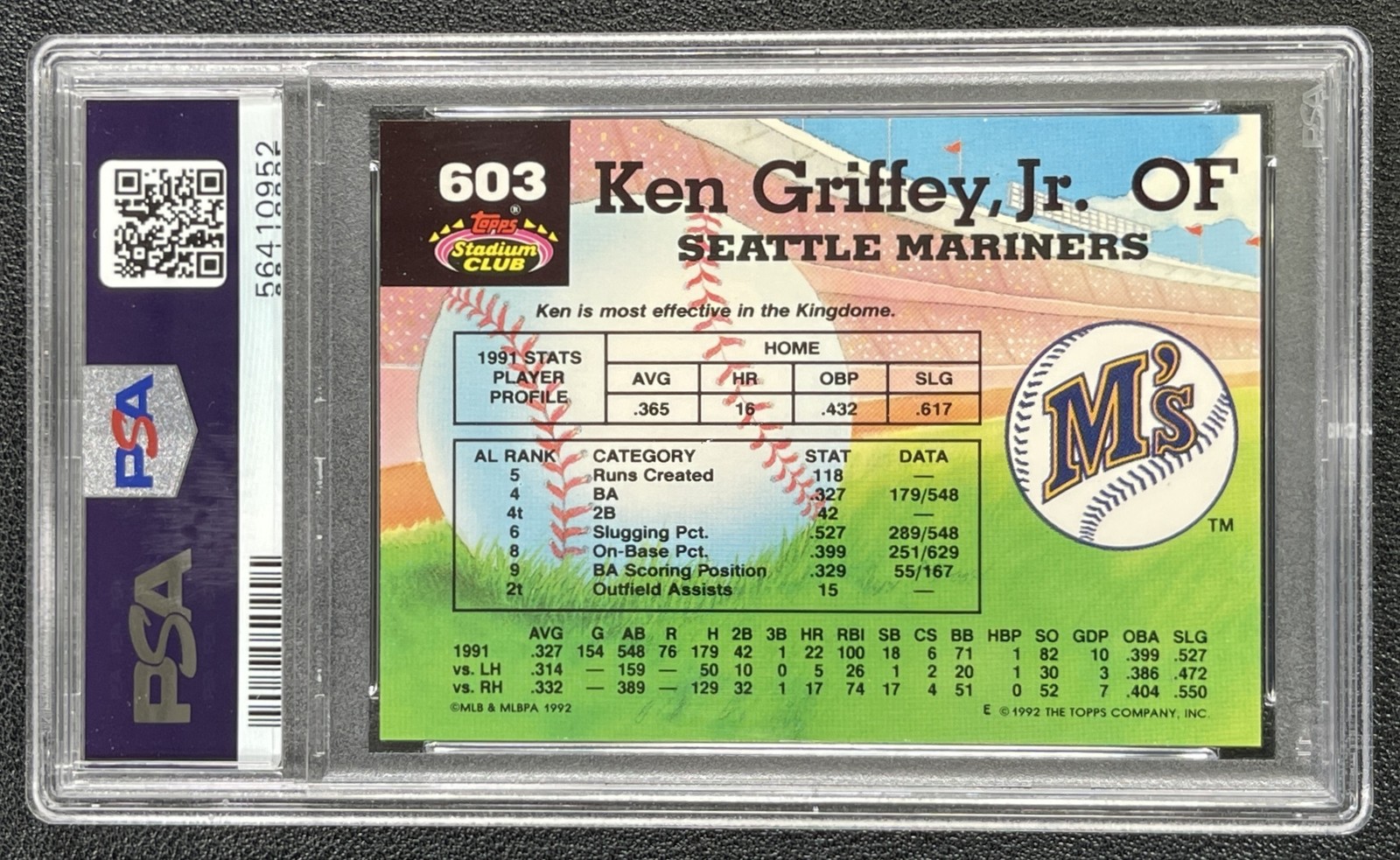KEN GRIFFEY JR. PSA 10 1992 TOPPS STADIUM CLUB #603 MARINERS 0952 view 2
