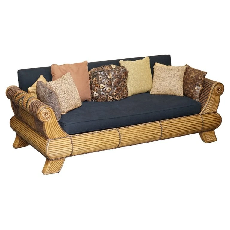 STUNNING VINTAGE 1970'S MOROCCAN BAMBOO FRAMED SOFA WITH AZTEC STYLE PATTERNS