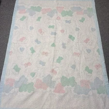 Vintage Cuddle Time Baby Blanket Sleeping Teddy Bear Cloud Pastel Blue Trim 45”