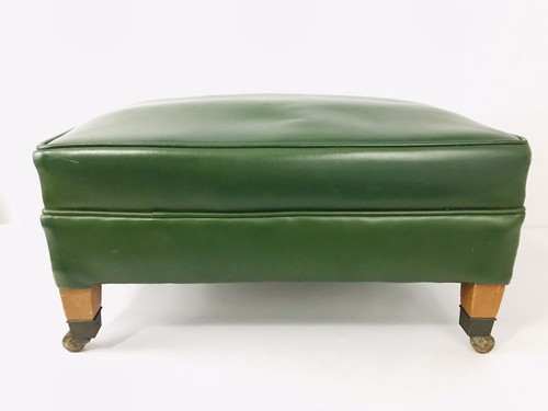 Vintage MCM Green Leather Ottoman With Metal Wheels Wooden Legs