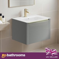 600mm Matt Grey Fluted Wall Hung Vanity Unit with Resin Basin LED Sensor Light