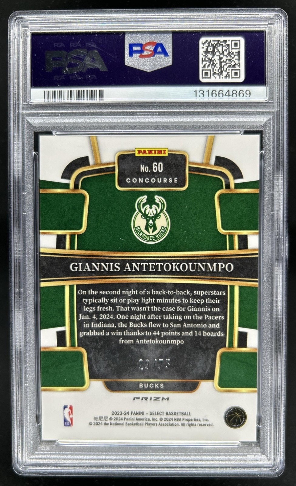 2023-24 Panini Select Giannis Antetokounmpo Blue Wave Prizm Concourse #/75 PSA 9 view 2