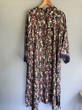 Natori Caftan Dress XL Zip Satin Asian Motif Dark Blue Full Length