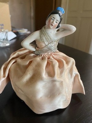 VTG Elegant Porcelain Pin Cushion Black Hair Lady Half Doll Collectible