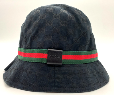 Gucci GG Canvas Bucket Hat Navy Web Stripe Black Leather Logo