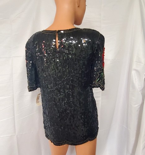 Vintage Black Red Florals Silk All Over Sequin Joseph Le Bon Blouse S ***SALE*** - 第 5/8 張圖片