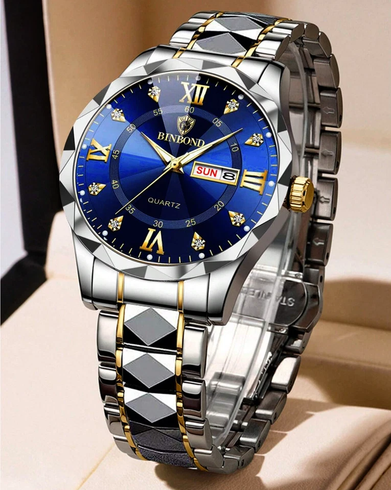 男士手表奢华品牌防水模拟石英日历不锈钢表带 — 第 2/4 张图片