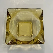 Vintage 1950's Square Yellow Amber 3 1/2" Glass  Cigarette Ashtray Exc Cond