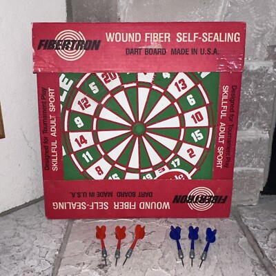 New Fibertron USA Reversible Dart Board + 6 Steel-Tip Darts Vintage Dartboard
