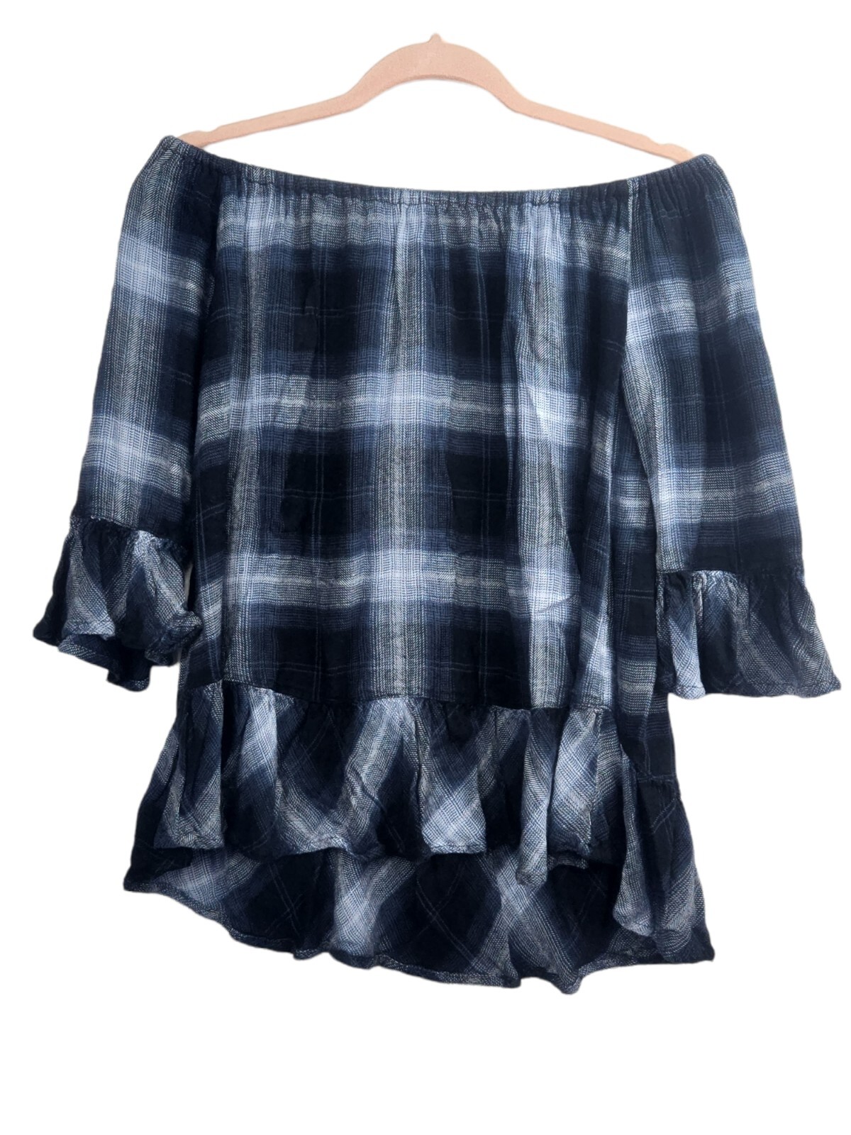 Beach Lunch Lounge Womens Off The Top Sz Medium Blue Plaid Ruffle |