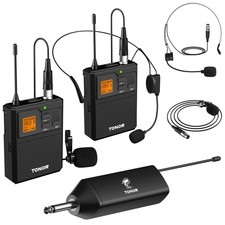 Wireless Microphone System Dual Headset Lavalier Mics 200ft Range Rechargeable