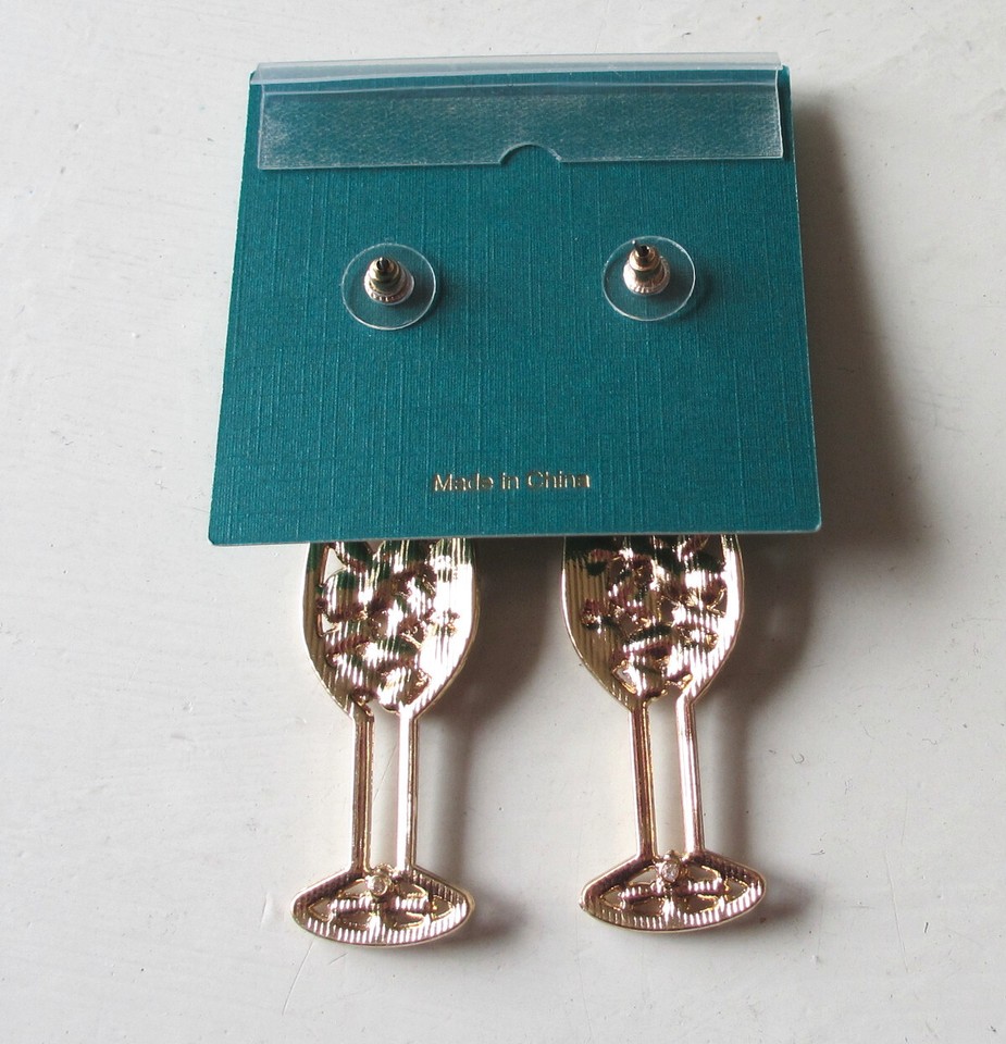 Christian Siriano NY Gold Tone Champagne Glass Rhinestone/Pearl Dangle