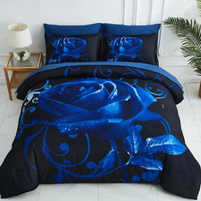 Blue Comforter Set King 7 Piece Bed in a Bag Blue Rose Comforter with Sheet S...