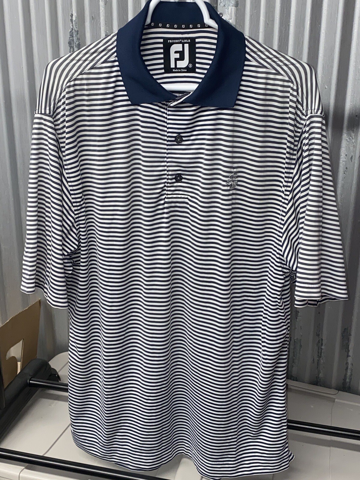 FOOTJOY Prodry Lisle Golf Shirt Mens S Navy Blue Striped Shelter Harbor
