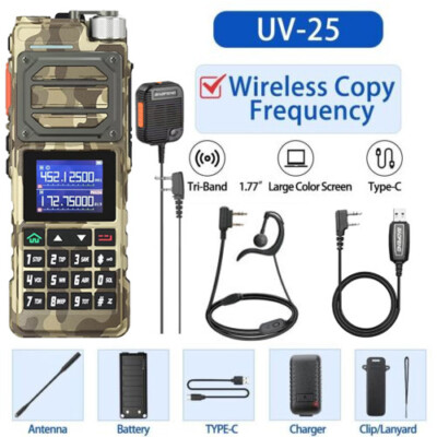 US UV25 10W FM WALKIE TALKIE LONG RANGE TRI-POWER TWO WAY RADIO+SQUARE MIC+CABLE