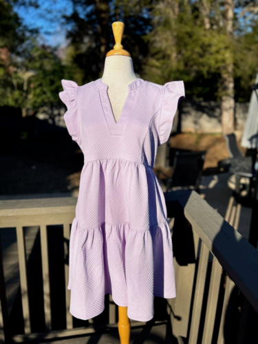 Umgee Lavender Criss Cross Jacquard Split Neck Tiered Short Dress Ruffle Sleeves