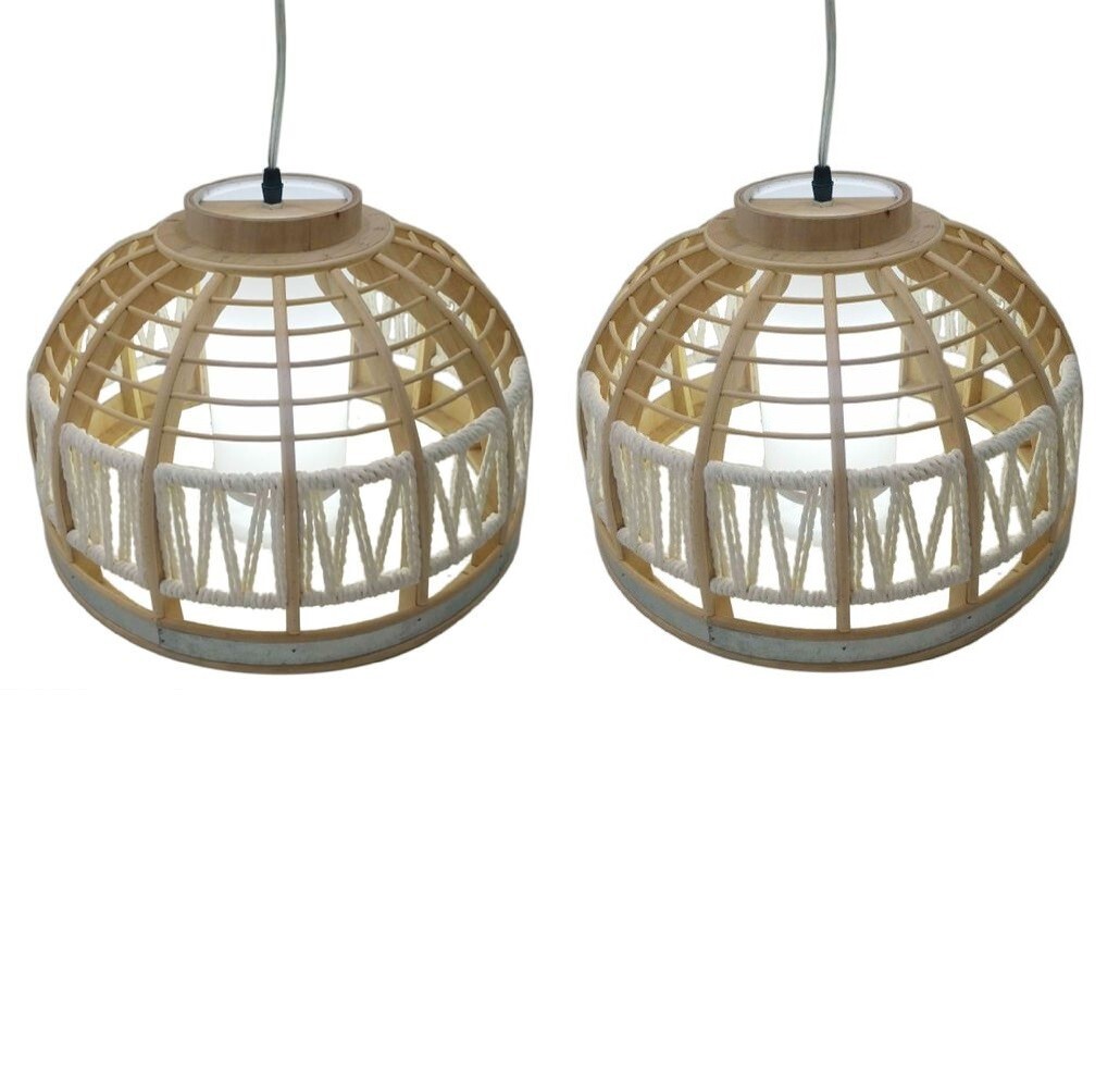 Set 2 Lampade Pendenti Legno e Corda di Canapa - Illuminazione Naturale