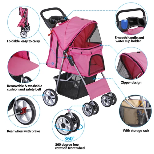 3/4-Wheels Pet Stroller Folding Dog Stroller w/ Safety Belt and Cup Holder - Picture 43 of 87