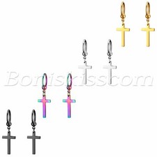 2pcs Mens Womens Polish Stainless Steel Cross Dangle Huggie Hinged Hoop Earrings
