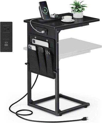 C Shaped End Table with Charging Station,Adjustable Height Side Table for Sofa..
