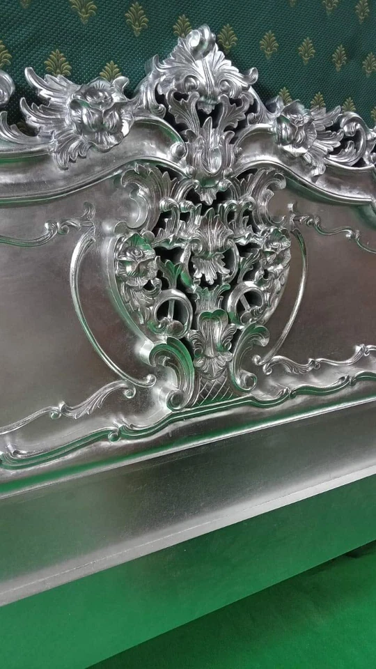 Cabecero estilo rococó francés hoja de plata hecho a mano 100% madera de caoba Foto 3 de 4