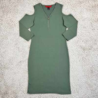 HOT KISS Sage Green 3/4 Cold Shoulder Midi Bodycon V-Neck Dress Women L Stretch